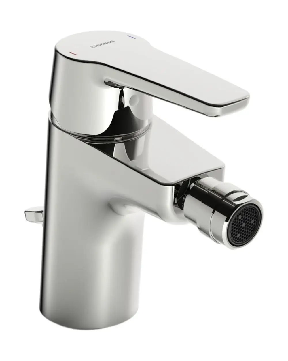 Einhebelmischer aus glänzendem Chrom mit seitlichem Hebel und eingebautem Strahlregler, gefertigt von HANSA, geeignet für die Montage an einem Bidet.